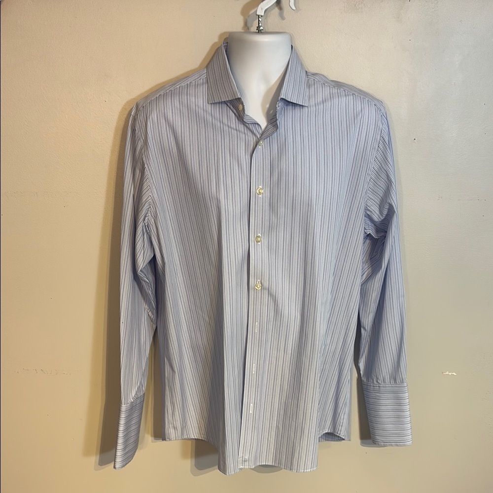 Hand Tailored Light Blue Dress Shirt with Vertical Stripes French Cuffs Like new